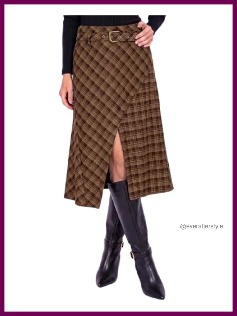 Plaid High Waist A-Line Midi Skirt with Belt Asymmetrical Hem